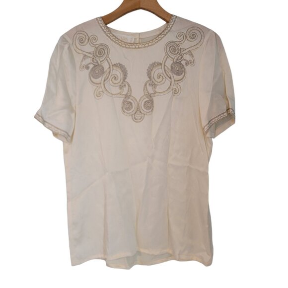 Escada Margaretha Ley Silk Button Up Blouse Tan And‎ Ivory Swirls Sz 36 - Picture 1 of 10